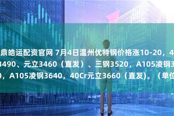 鼎皓运配资官网 7月4日温州优特钢价格涨10-20，45#凌钢3490、东方3490、元立3460（直发）、三钢3520，A105凌钢3640，40Cr元立3660（直发)。（单位：元/吨)